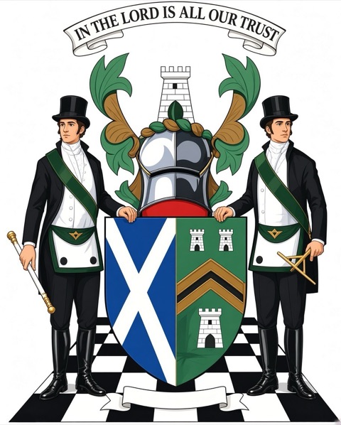 Coat of arms of the Grand Lodge of Scotland, with the motto In the Lord is all our trust, a shield bearing the saltire and castles, and two Freemasons as supporters.